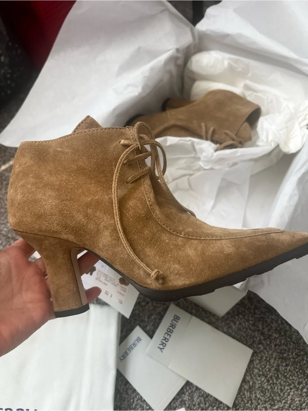 Burberry Tan Suede Pointed Ankle Bootie 37.5
